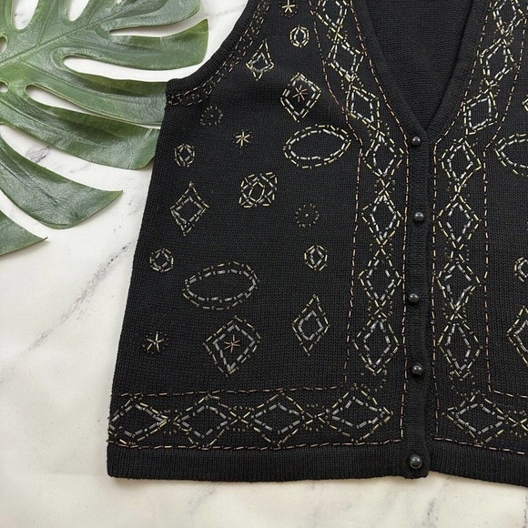 SML Sport Womens Vintage 90s Sweater Vest Size M Black Brown Floral Beaded Knit - Picture 4 of 9